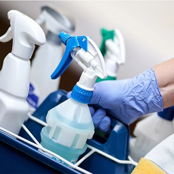 maid holding toolbox of cleaning supplies