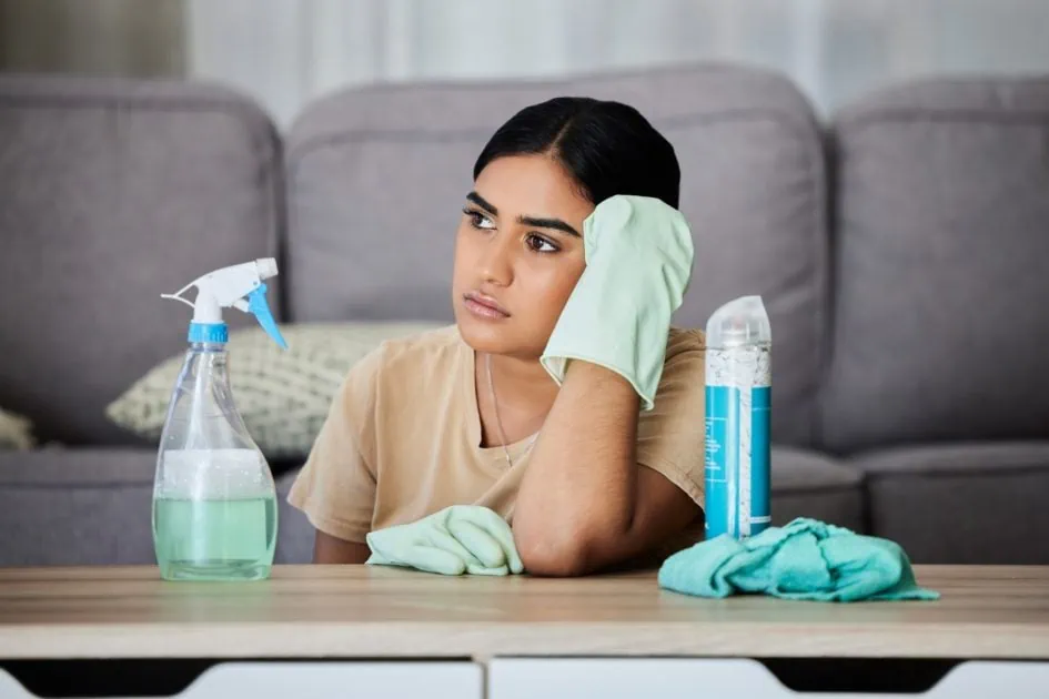frustrated woman cleaning home