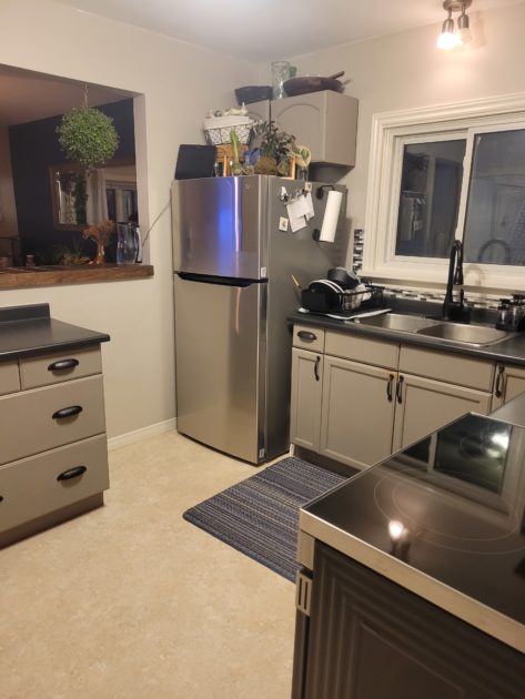 recently cleaned kitchen view of fridge
