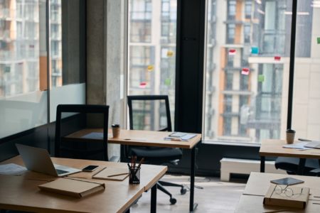 Contemporary interior of well furnished office space with panoramic windows