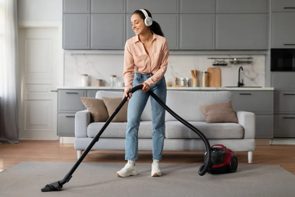 woman vacuuming carpet with headphones on