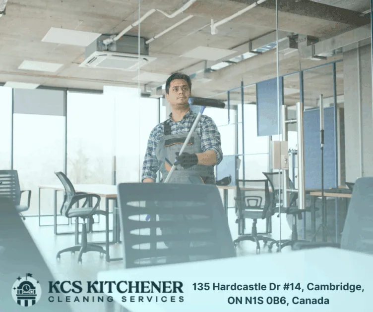 KCS Kitchener Cleaning Services staff cleaning a modern office in Cambridge, Ontario, maintaining hygiene in high-traffic areas.