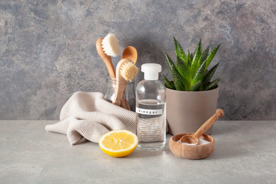 zero waste eco friendly cleaning concept wooden brushes, lemon,