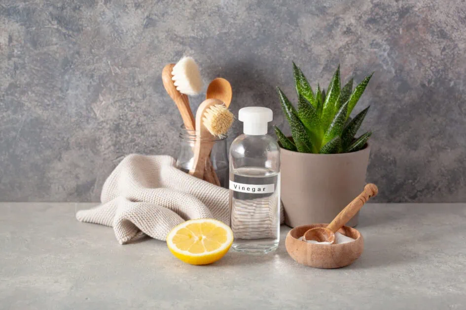 zero waste eco friendly cleaning concept wooden brushes, lemon,