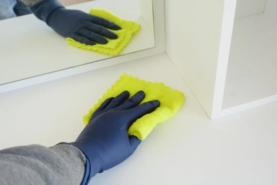 hand in blue rubber gloves cleaning corners with cloth