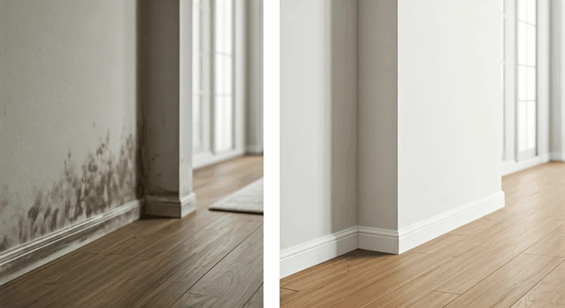 Before and after comparison showing dirty moldy baseboard transformed to clean white baseboard on hardwood floor