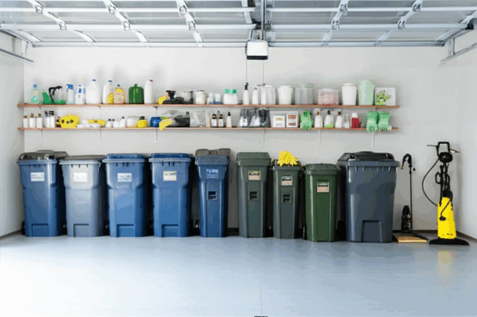 Organized garage with color-coded garbage bins and cleaning supplies for waste management