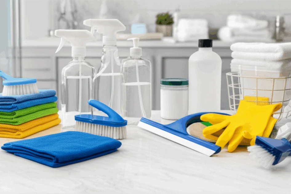 Bathroom cleaning kit with microfiber cloths, brushes, spray bottles, squeegee, and rubber gloves