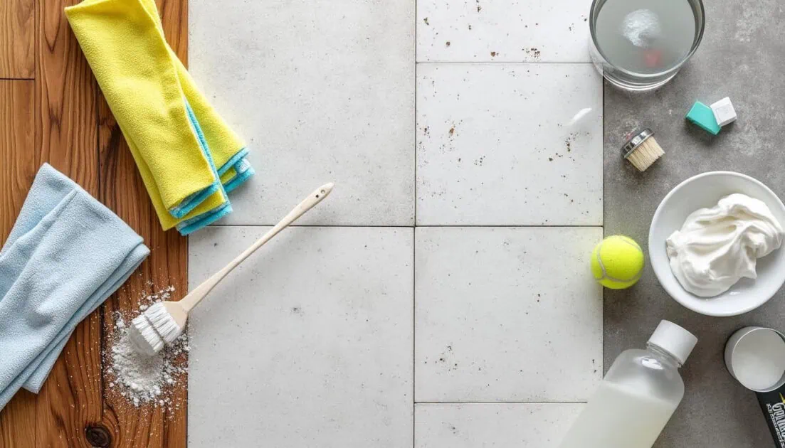 Essential scuff mark removal supplies including microfiber cloths baking soda paste tennis ball and scrub brush