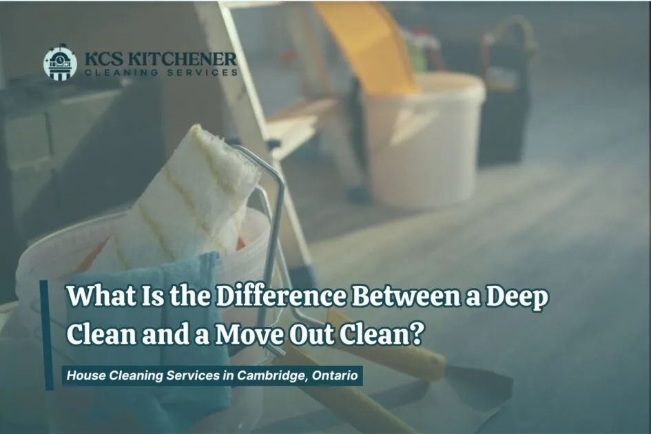 Cleaning supplies in bucket with roller and cloth on hardwood floor before deep or move-out clean