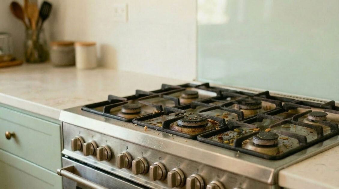 dirty stainless steel stove with gas burners