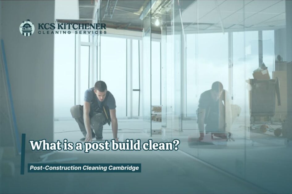 Two workers crouched on the floor of a newly constructed interior during a post build clean in Cambridge.