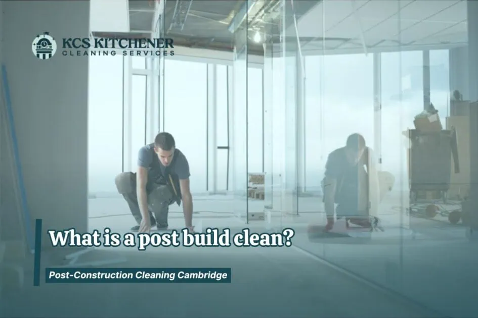 Two workers crouched on the floor of a newly constructed interior during a post build clean in Cambridge.